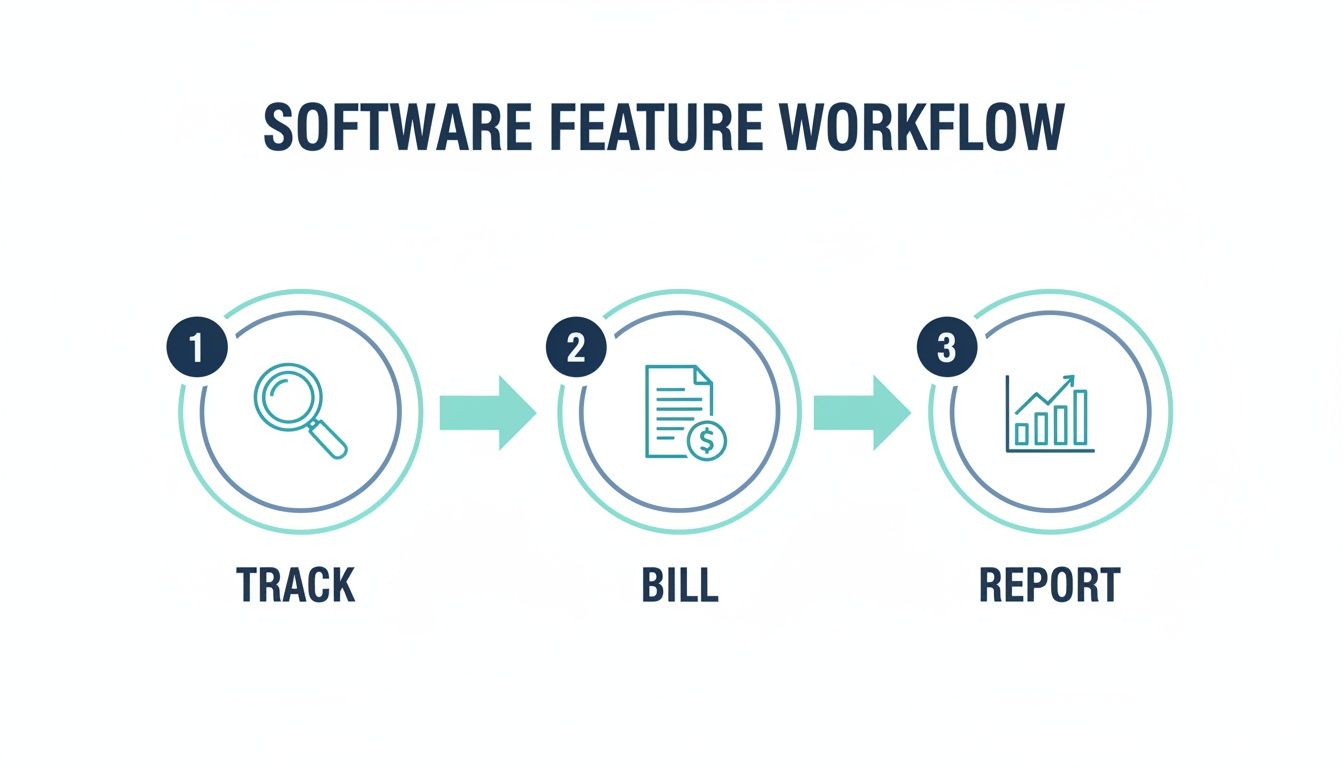 Workflow diagram showing three steps: track with a magnifying glass, bill with a document, and report with a graph.