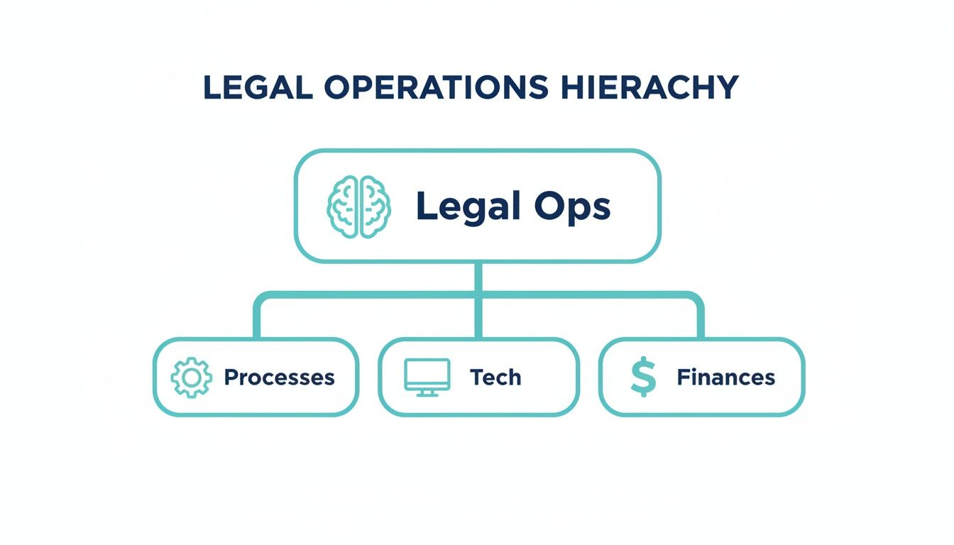 A legal operations hierarchy diagram showing Legal Ops at the top, branching into Processes, Tech, and Finances.