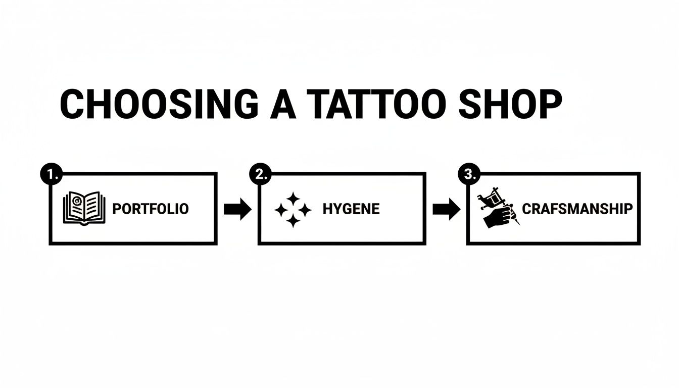 A three-step guide for choosing a tattoo shop: portfolio, hygiene, and craftsmanship, with icons.