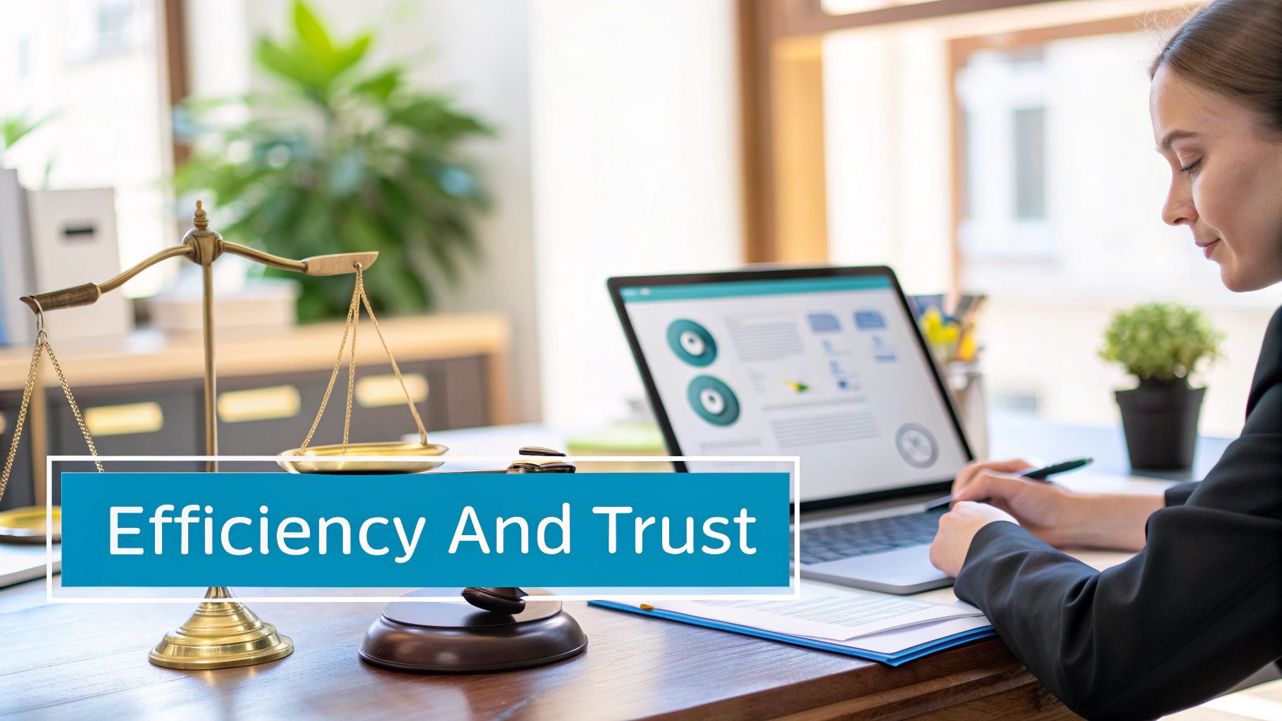 A woman works on a laptop next to a scale of justice and gavel, with text 'Efficiency And Trust'.