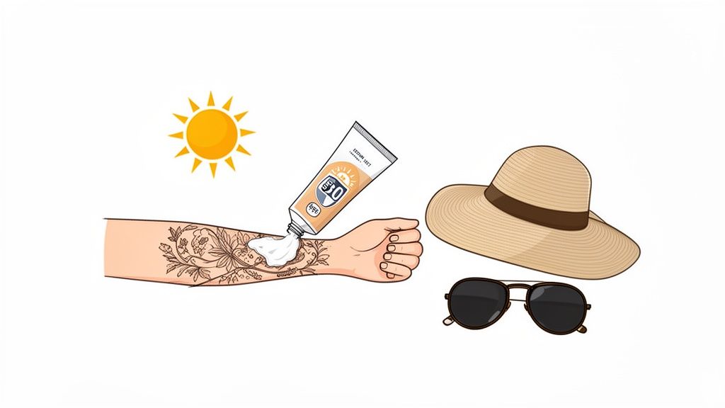 An arm with a floral tattoo applying sunscreen, beside a sun icon, a straw hat, and sunglasses.