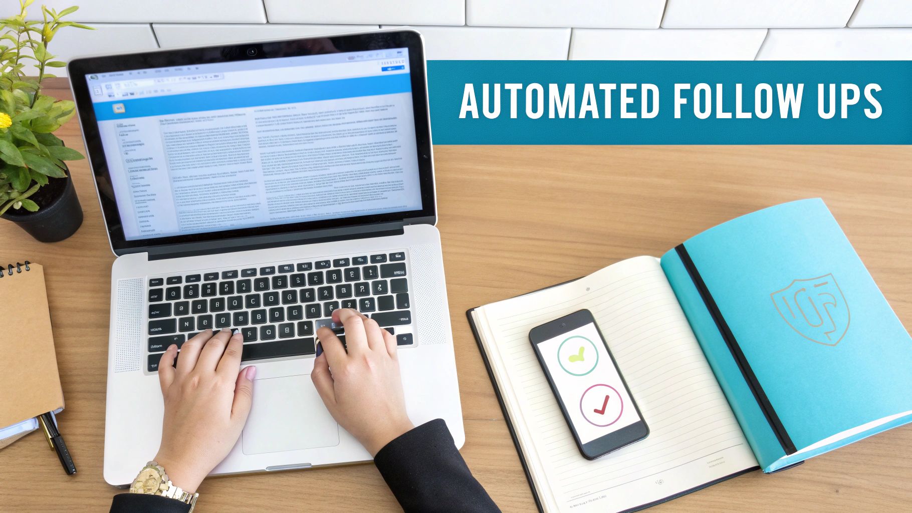 Overhead view: Person typing on laptop, smartphone with checkmarks, notebook, and plant on wooden desk. 'AUTOMATED FOLLOW UPS'.