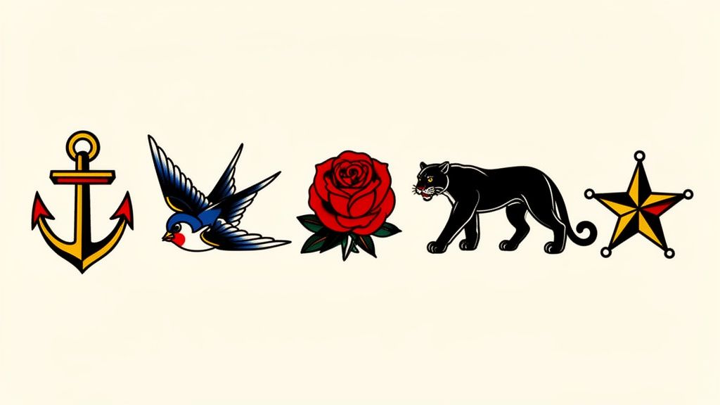 Classic traditional tattoo flash featuring an anchor, swallow, rose, black panther, and sheriff star.