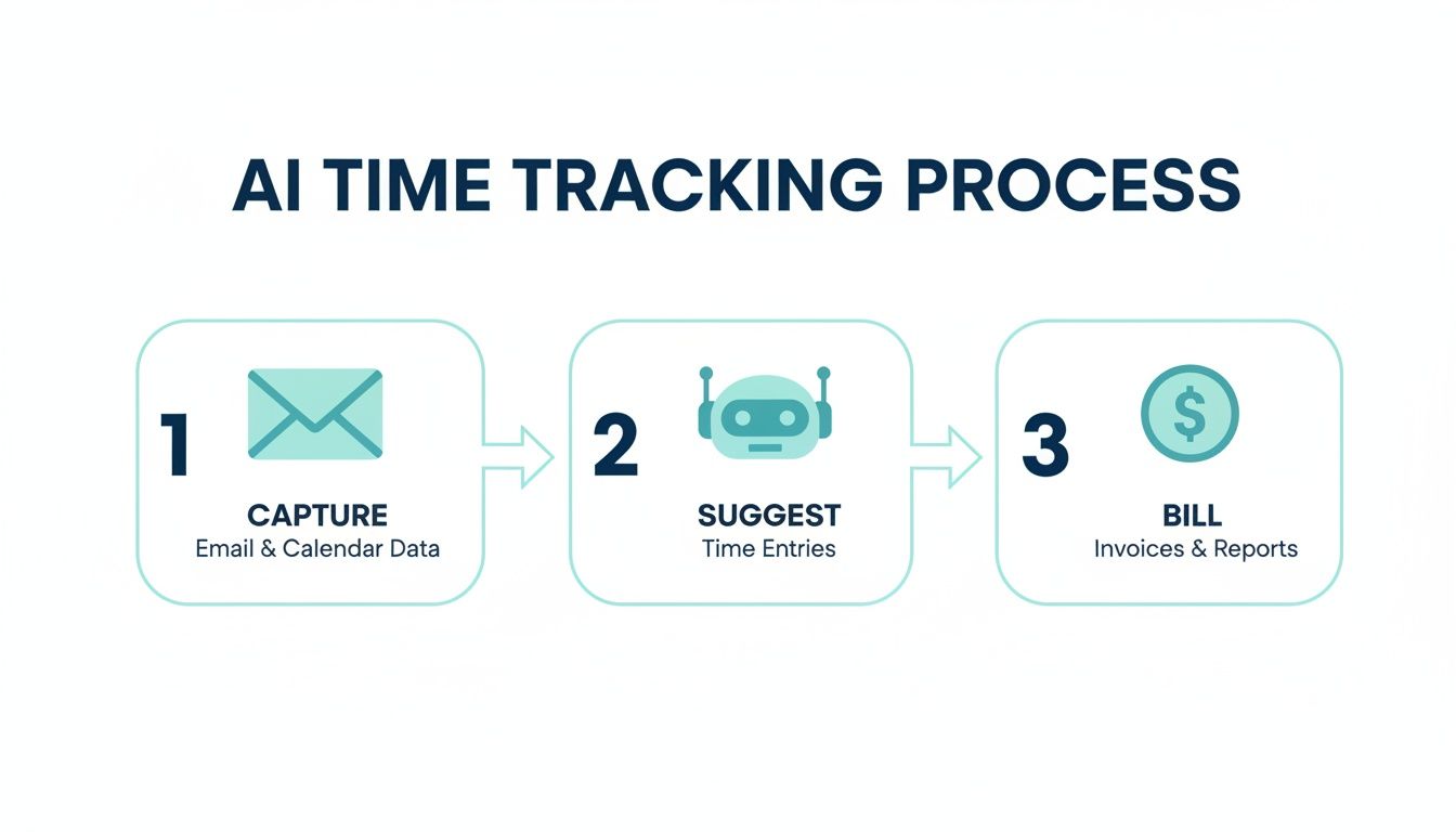 Diagram illustrating an AI time tracking process: capture data, suggest entries, and bill invoices.