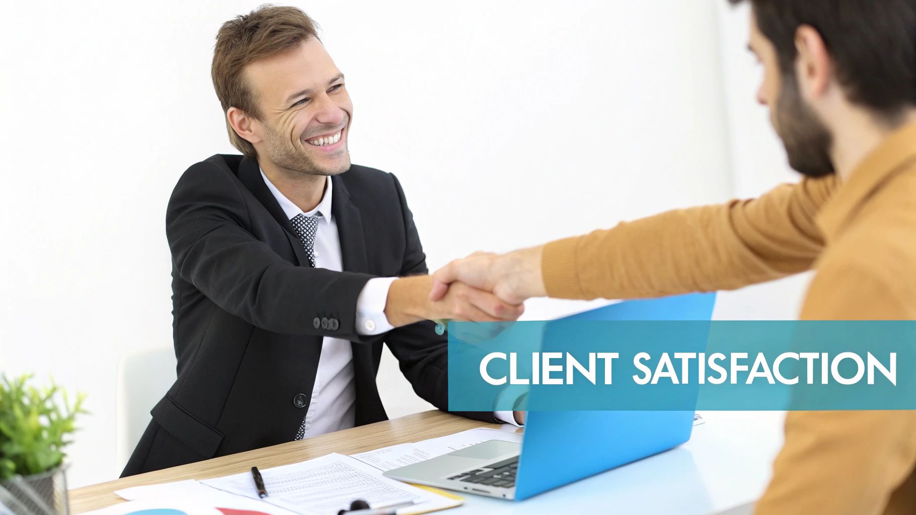 Two smiling businessmen shake hands across a desk with a laptop, signifying client satisfaction.