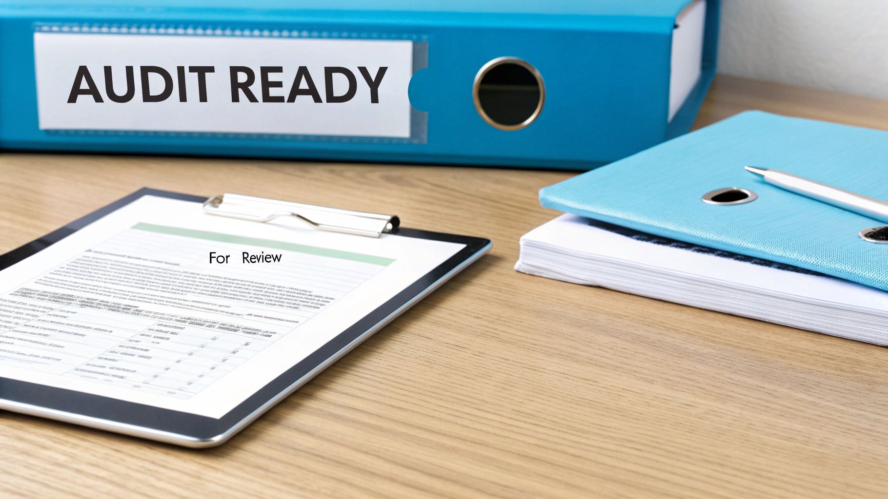 A blue binder labeled 'AUDIT READY' on a wooden desk with documents 'For Review'.