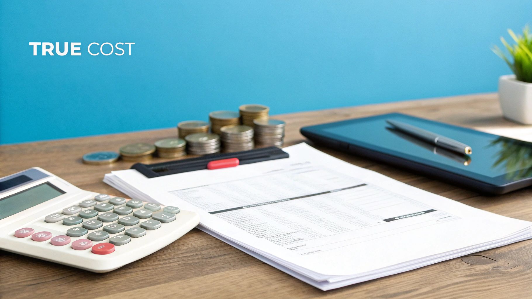 A desk with a calculator, coins, documents, and a tablet, symbolizing financial cost analysis.
