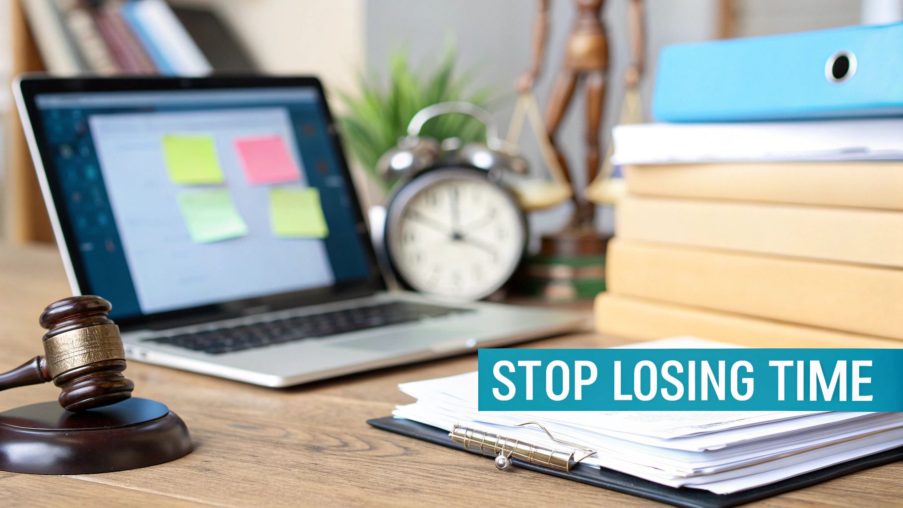 A legal professional's desk with a gavel, laptop, alarm clock, and files, emphasizing time management.