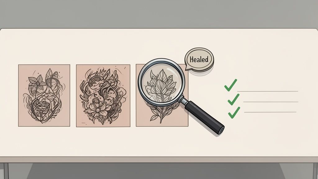 Three detailed floral tattoo designs on a light table, one magnified with 'Healed' text and checkmarks.