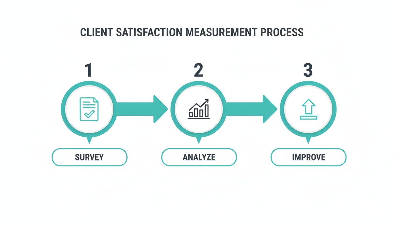 Infographic showing a three-step client satisfaction measurement process: survey, analyze, and improve.