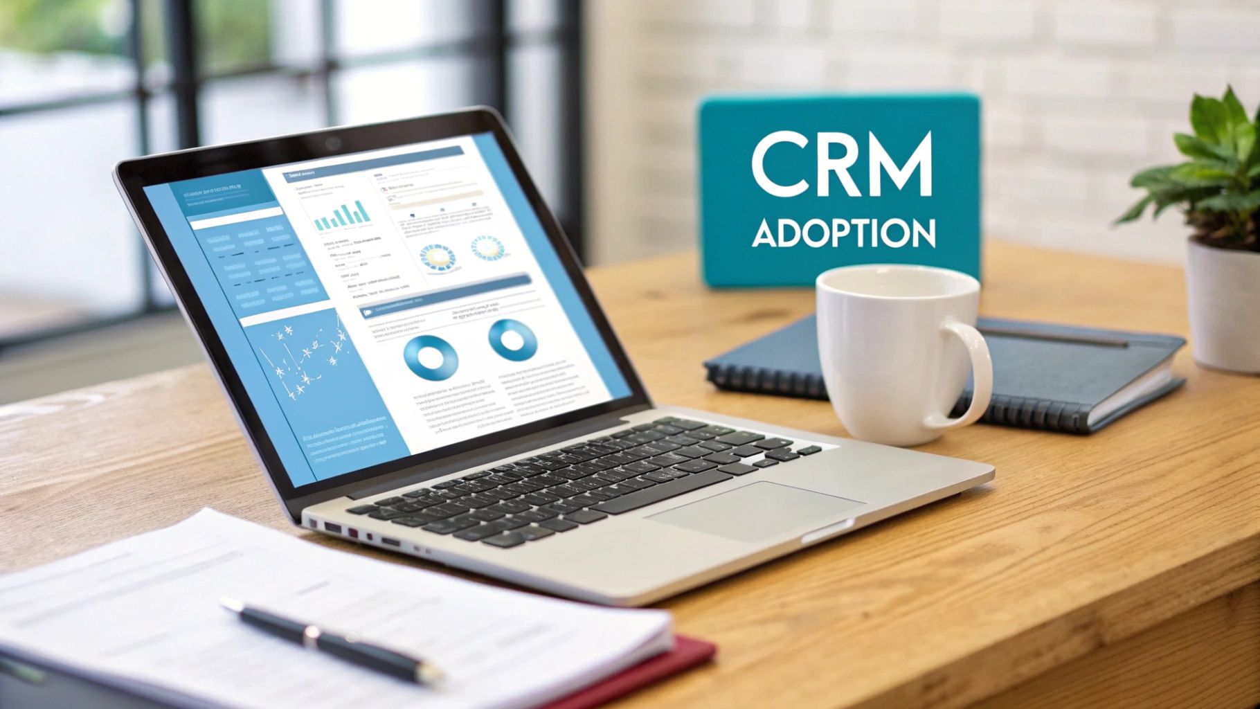 A laptop on a wooden desk showing CRM data, with a 'CRM ADOPTION' sign.