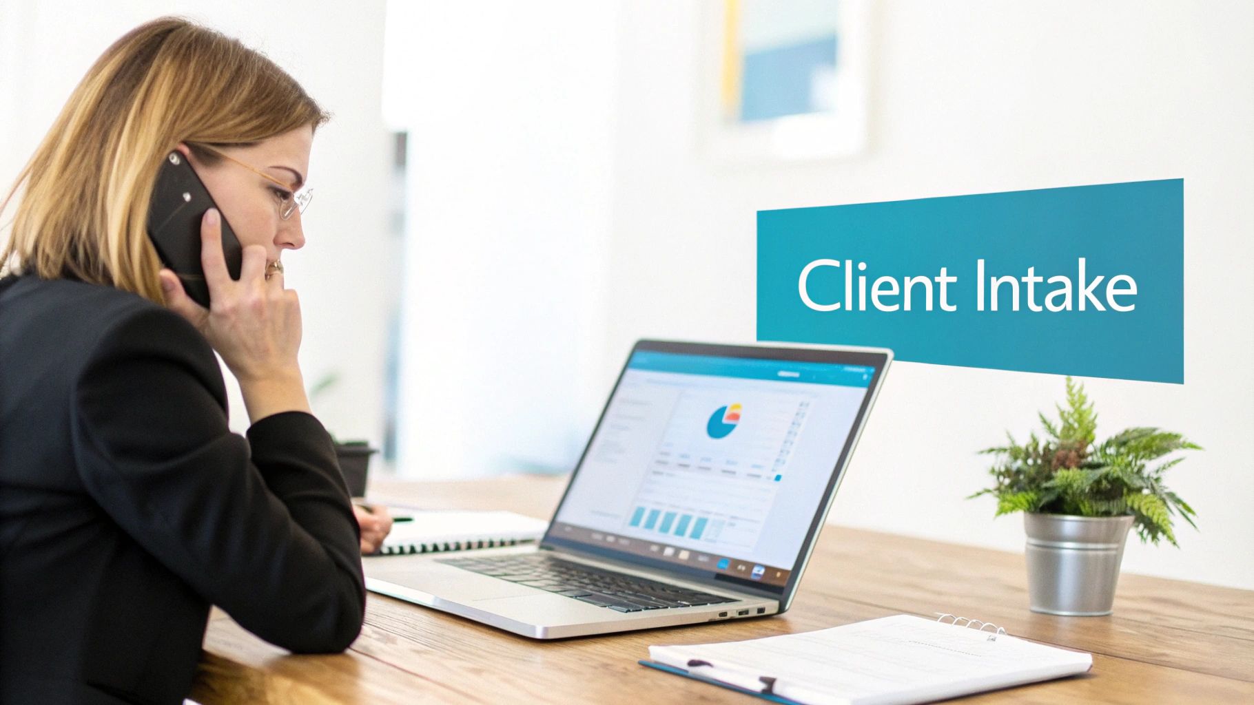 Businesswoman on call, viewing laptop data and a "Client Intake" banner in an office.