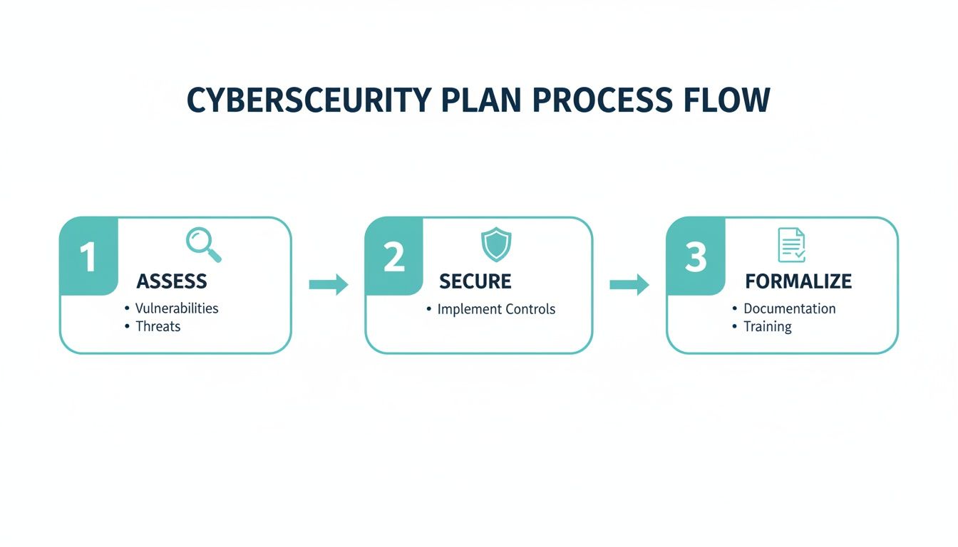 A three-step cybersecurity plan process flow: assess, secure, and formalize with key actions.