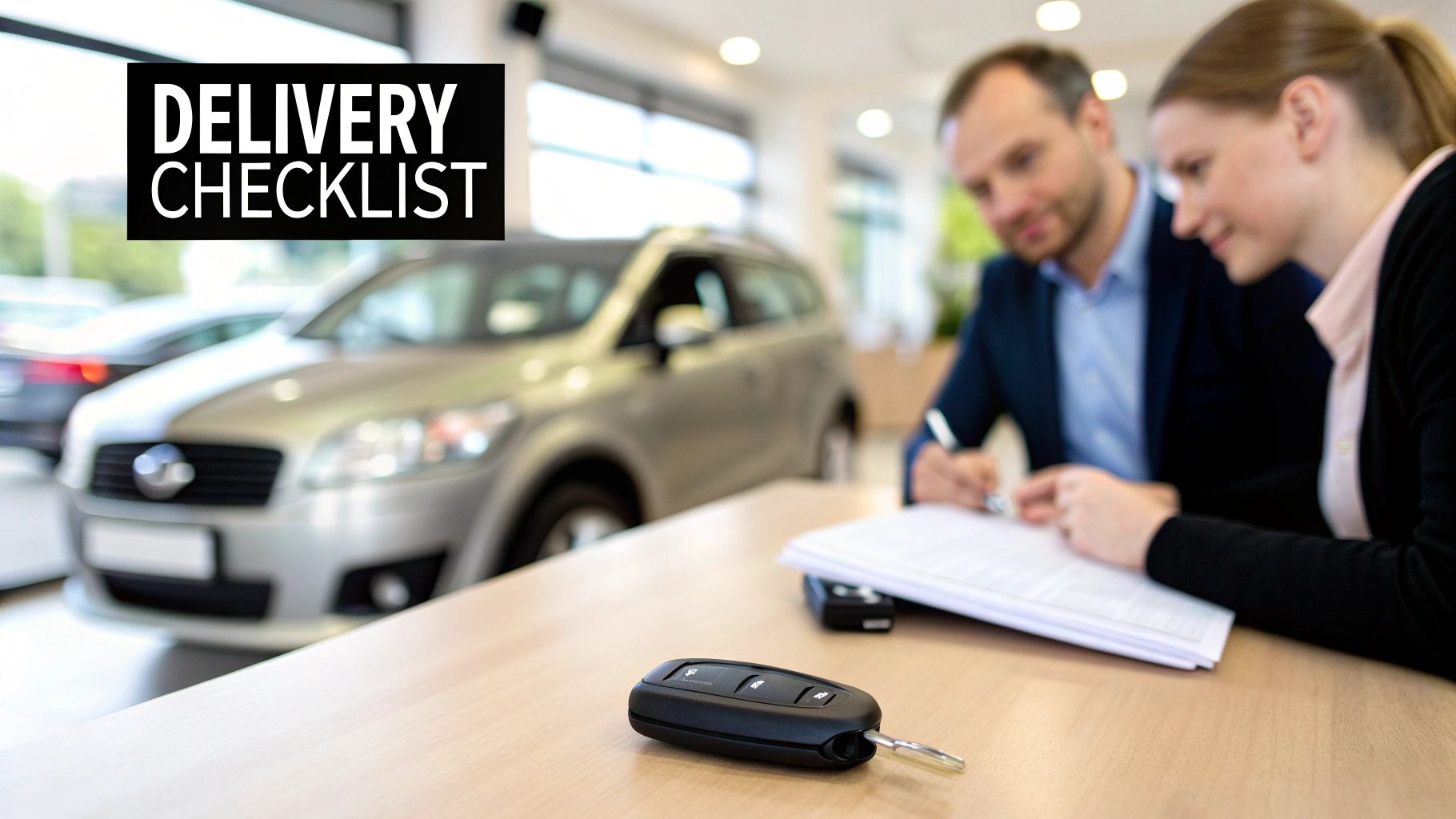 Man and woman signing documents at a car dealership with a car key on the table and 'Delivery Checklist' text.