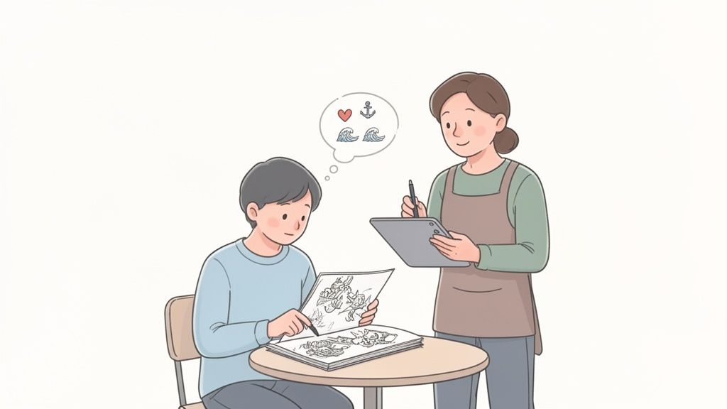 A young man chooses a tattoo design from a book, while a female artist notes on a tablet.