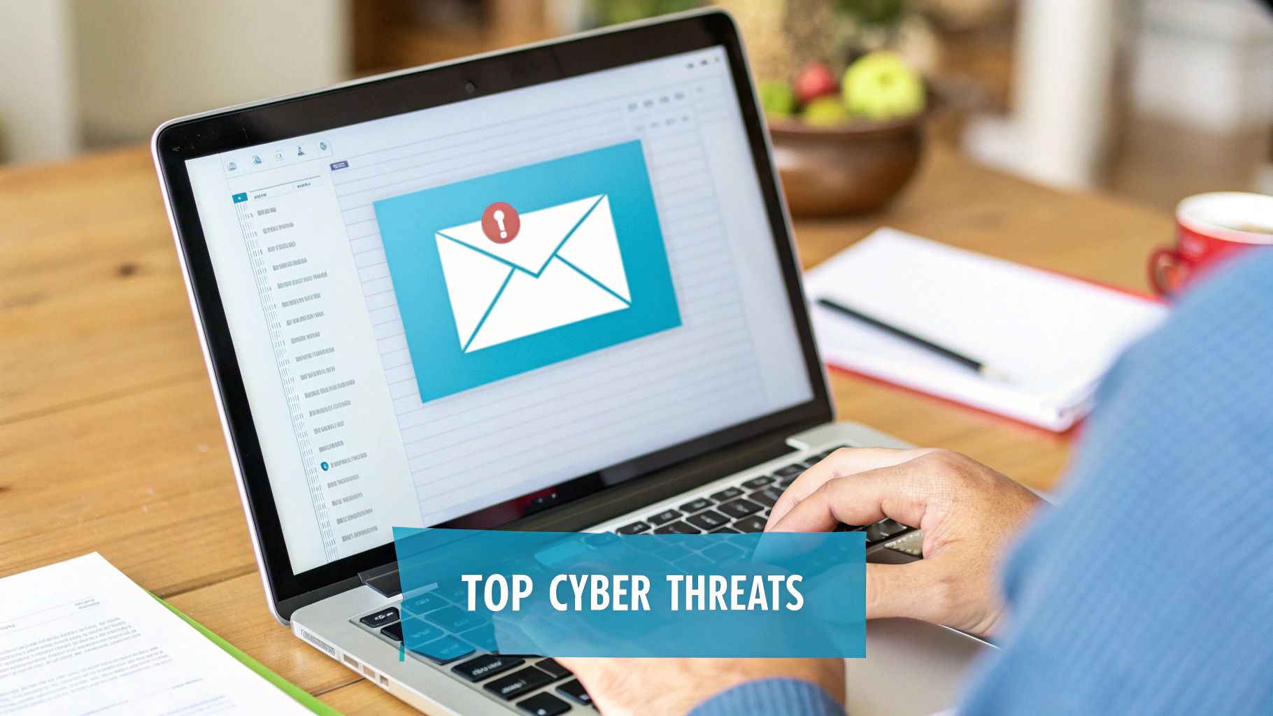 Person typing on a laptop displaying an email with a warning icon and 'TOP CYBER THREATS' text.