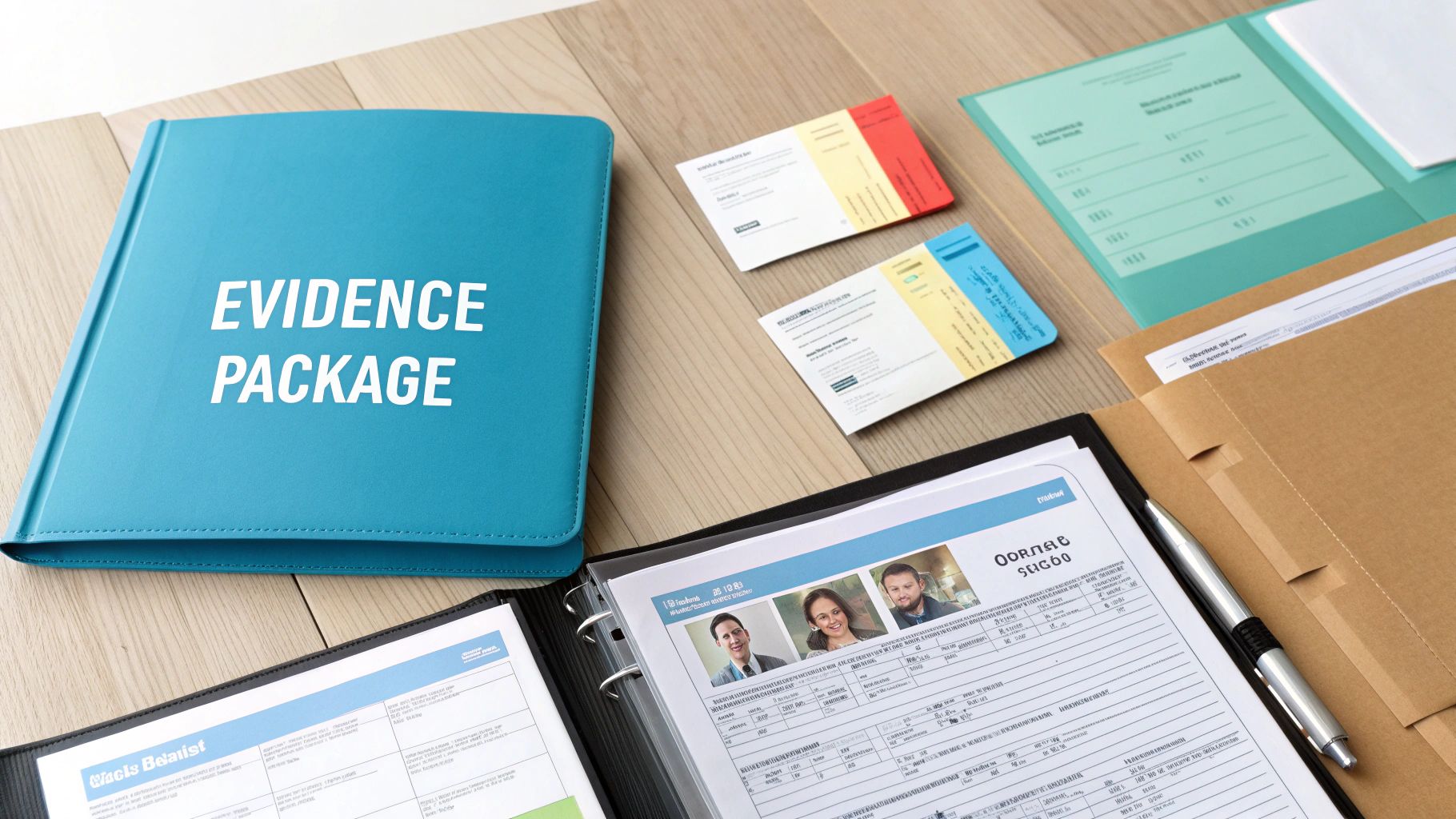A blue binder labeled 'Evidence Package' sits on a wooden desk with various legal documents and a pen.