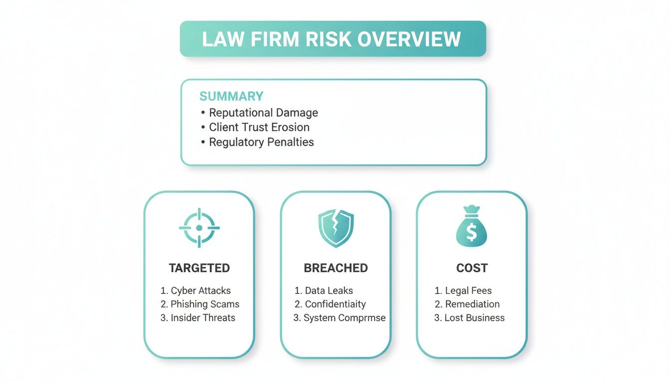 An overview of law firm risks, detailing summary, targeted threats, breach types, and associated costs.