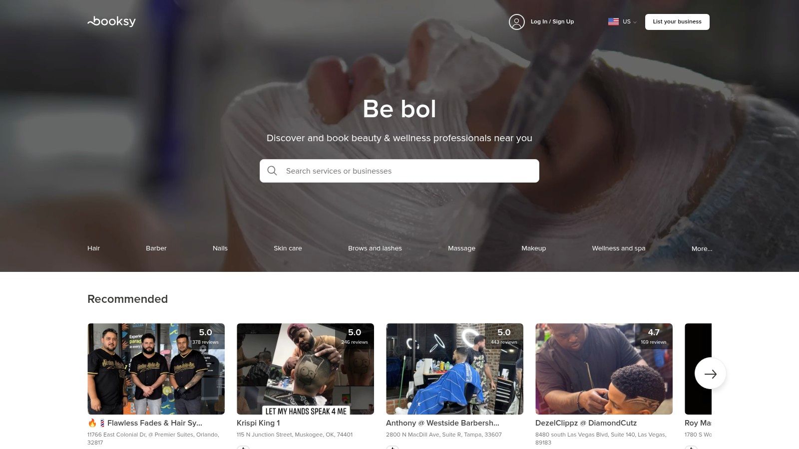 A screenshot of the Booksy app showing tattoo artist listings with photos, ratings, and locations.