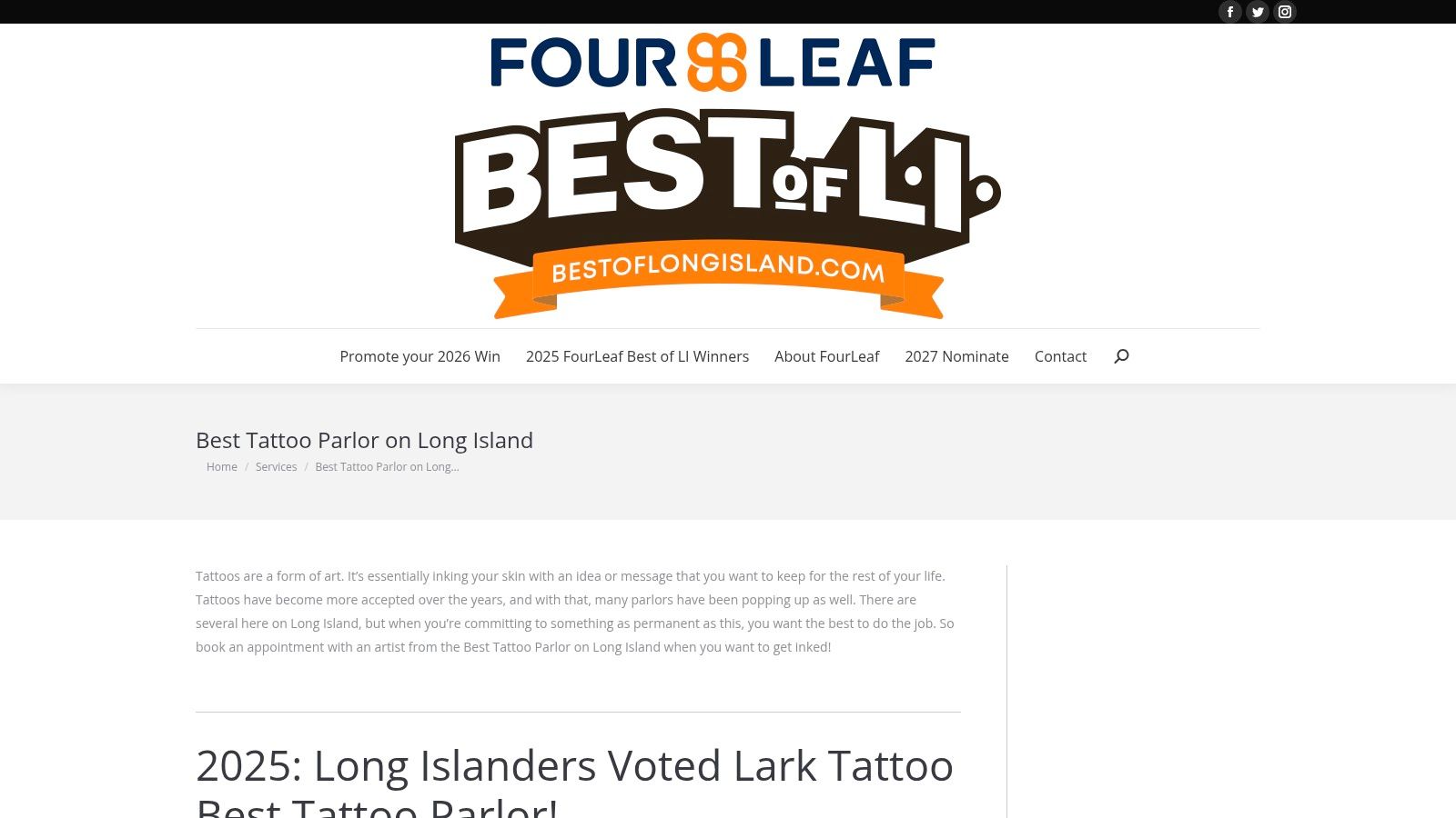 A screenshot of the Bethpage Best of Long Island website, showing the 'Best Tattoo Parlor' category and its winners.