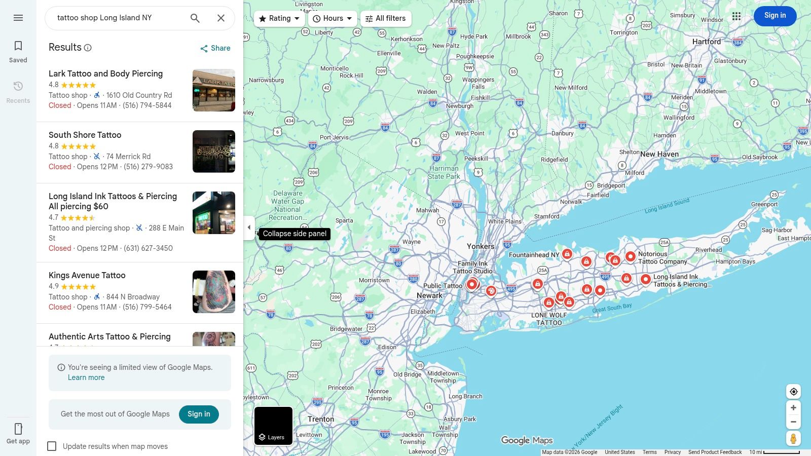A map of Long Island showing various tattoo shops pinned, demonstrating a search on Google Maps for tattoo studios in the area.