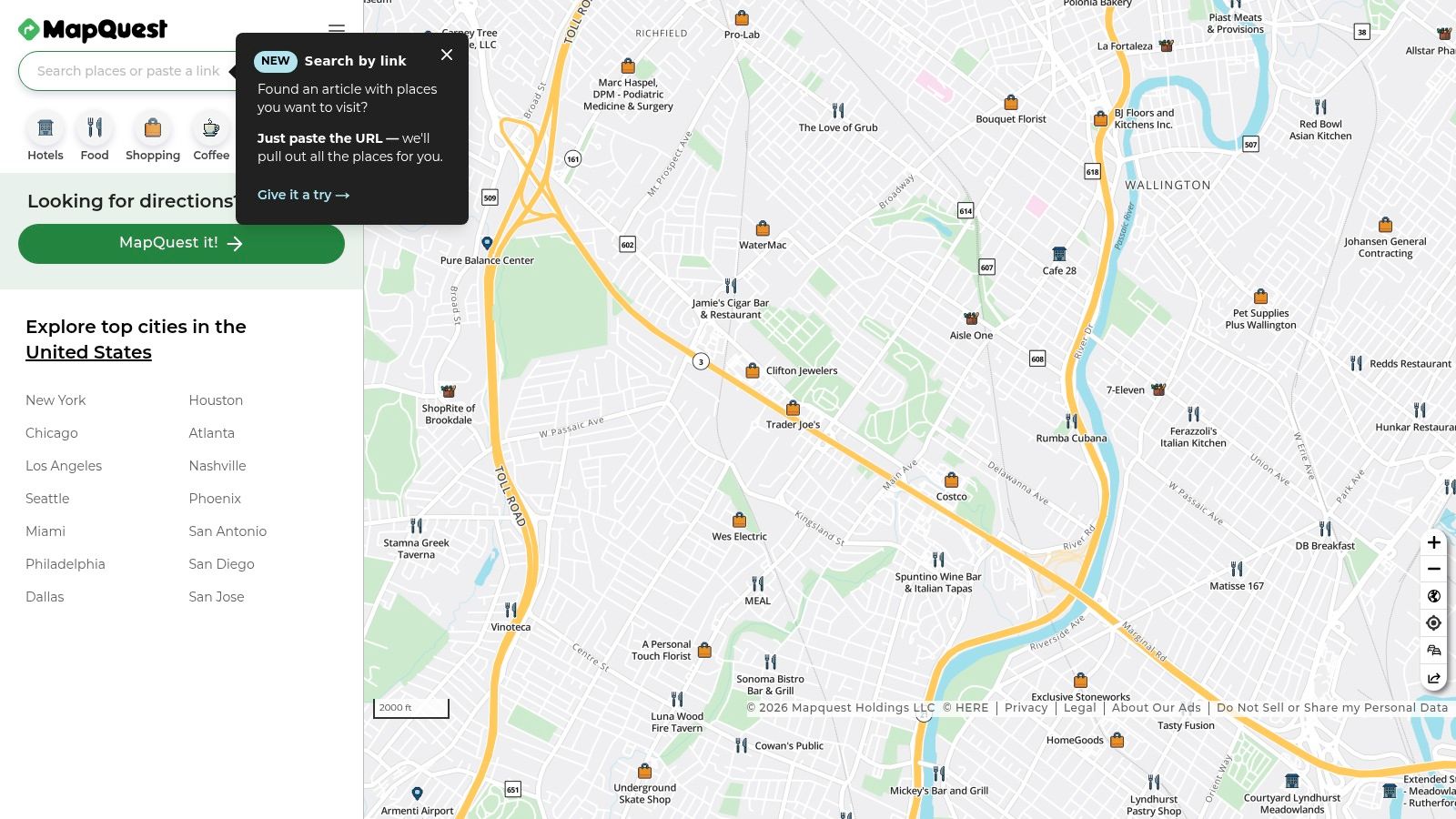 A screenshot of the MapQuest website showing a map of Long Island with several tattoo shop locations pinned.
