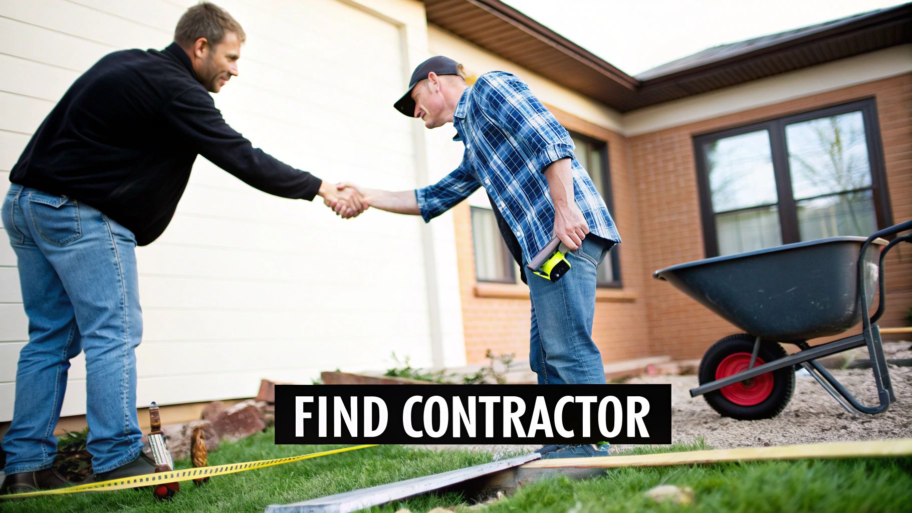 Two men, one a homeowner and one a contractor, shake hands outdoors next to a house with tools nearby.