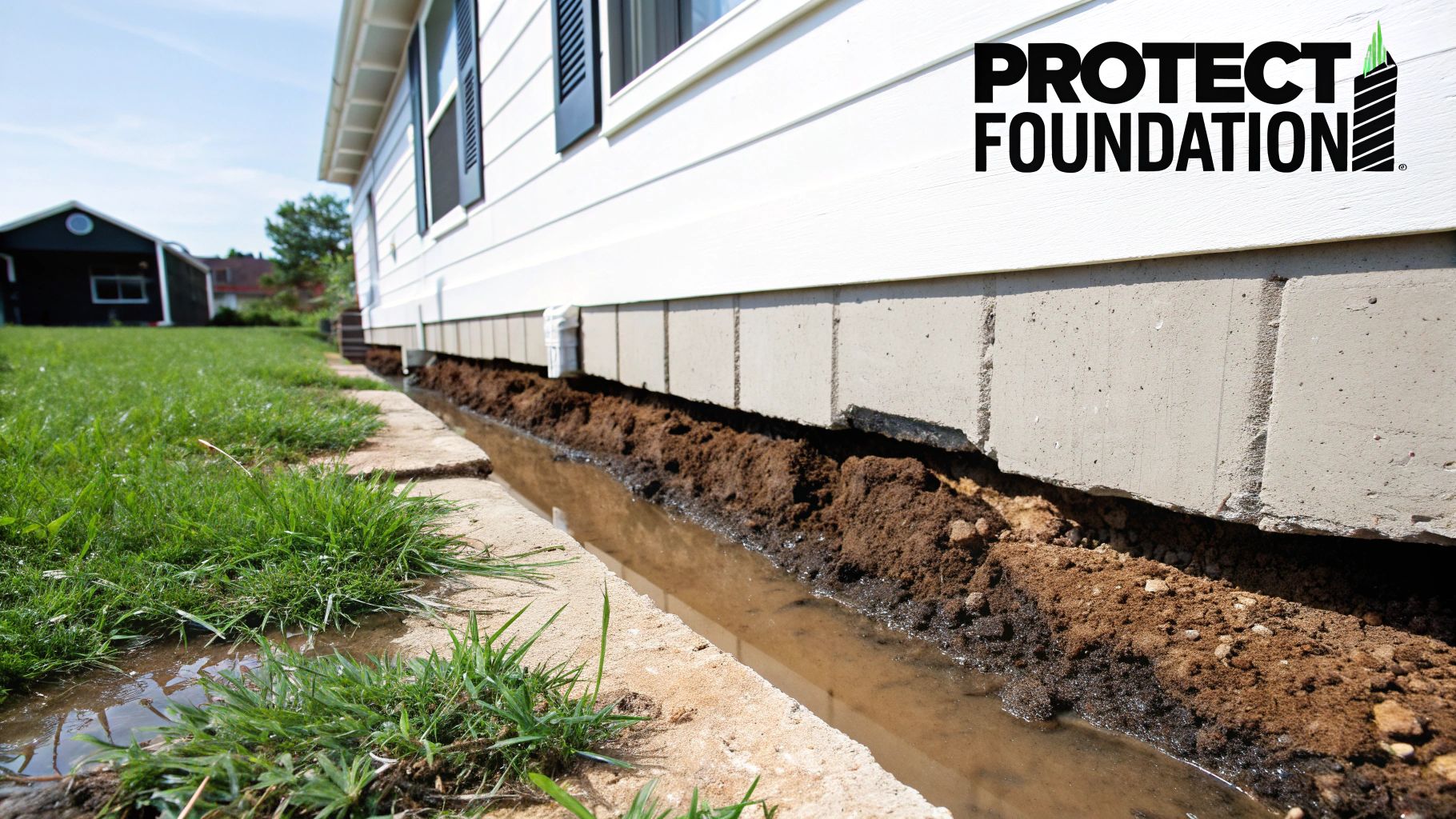 Water accumulating in a trench alongside a house foundation, highlighting the need for drainage solutions.