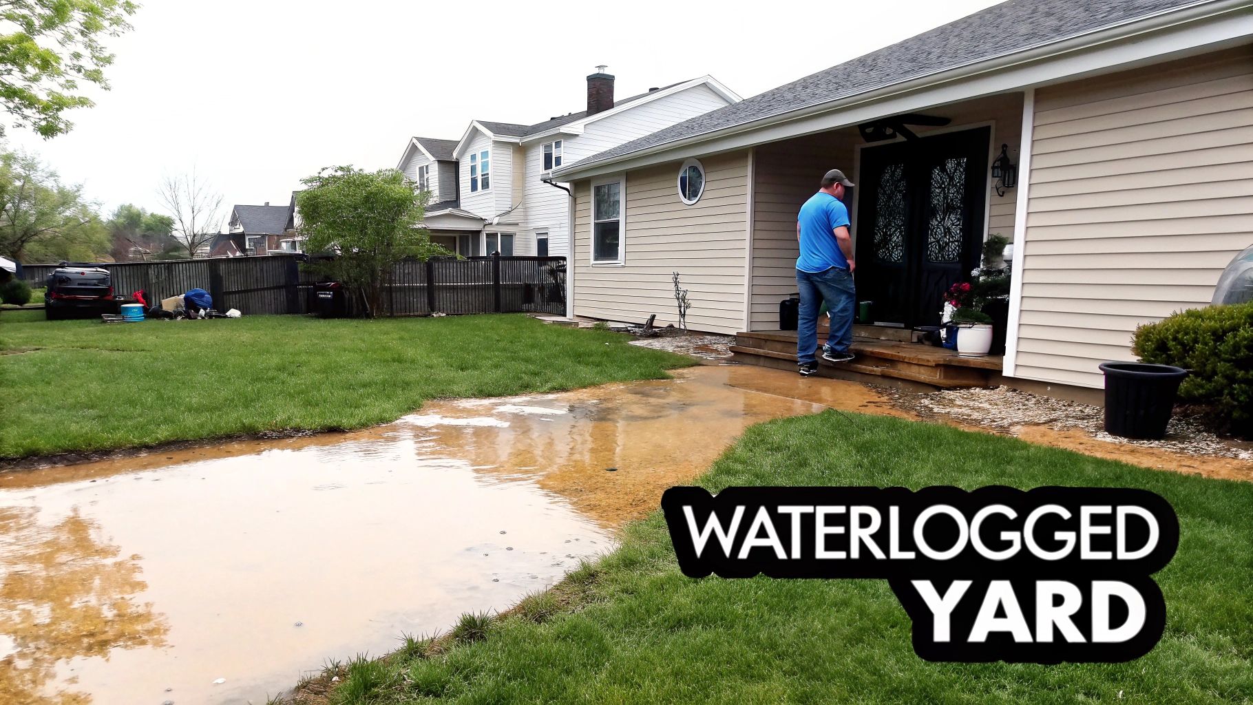 A residential yard with muddy, standing water covering the ground after heavy rainfall. A man stands on the house porch.
