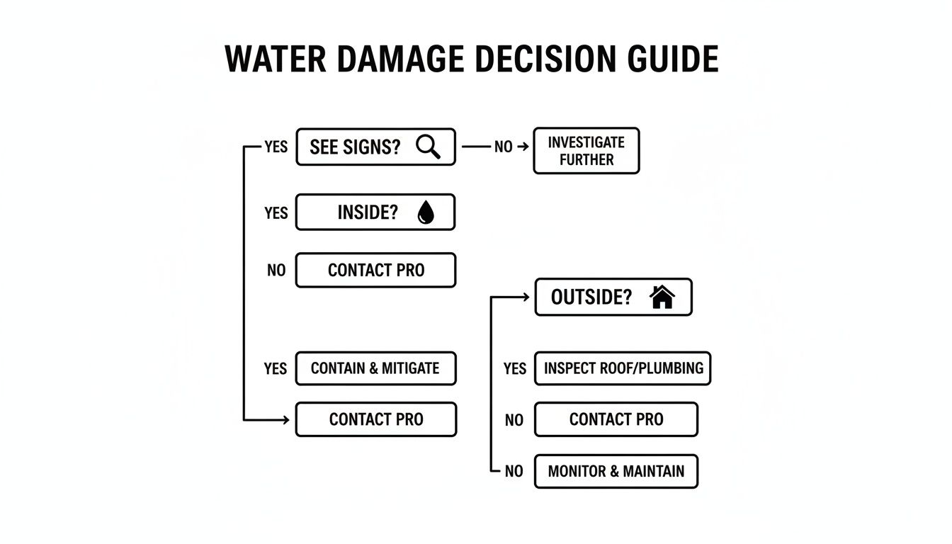 A water damage decision guide flowchart illustrating steps from seeing signs to contacting pros or monitoring.