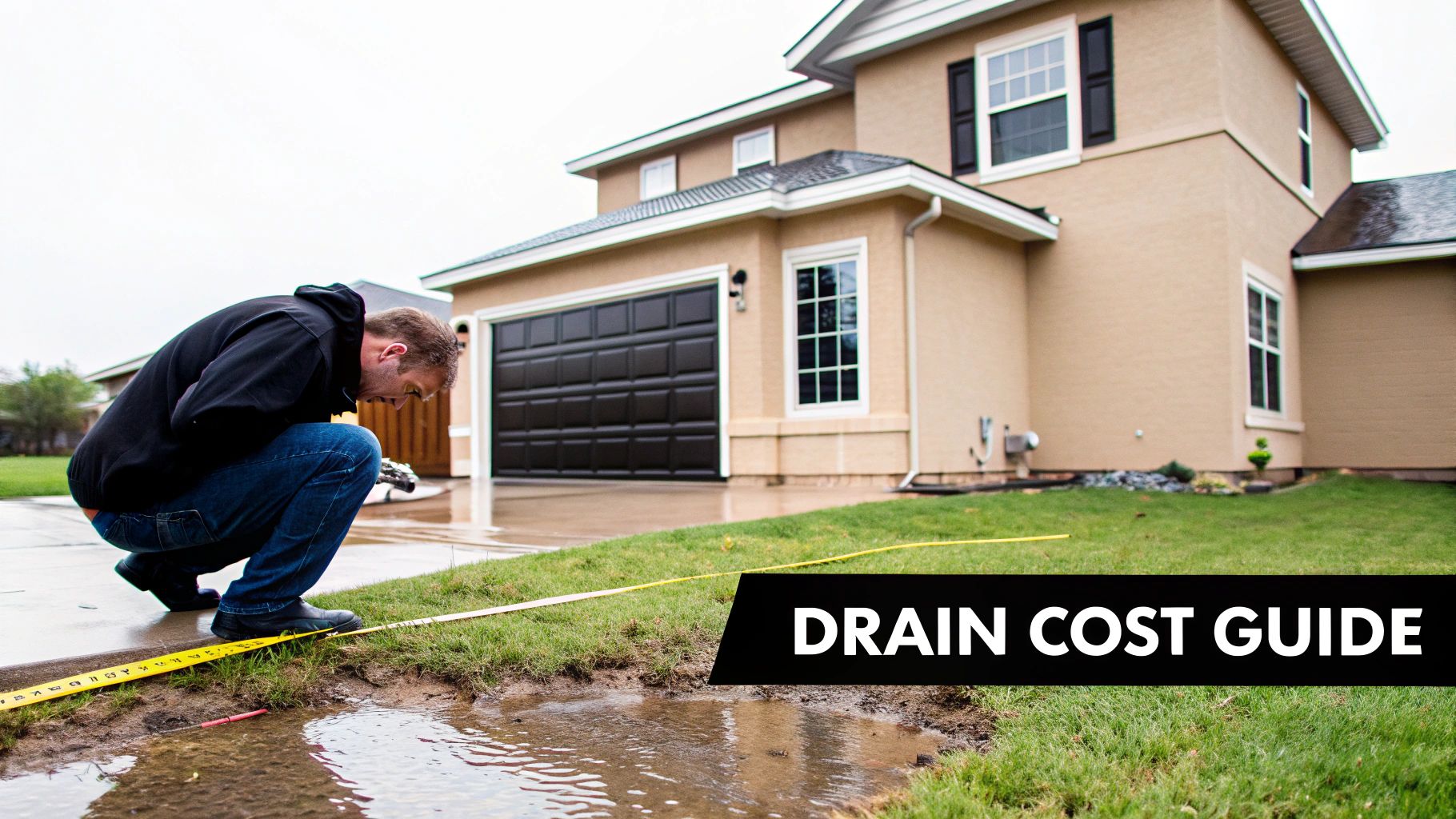 A man in a black hoodie measures a muddy puddle next to a house, with a 'Drain Cost Guide' banner.