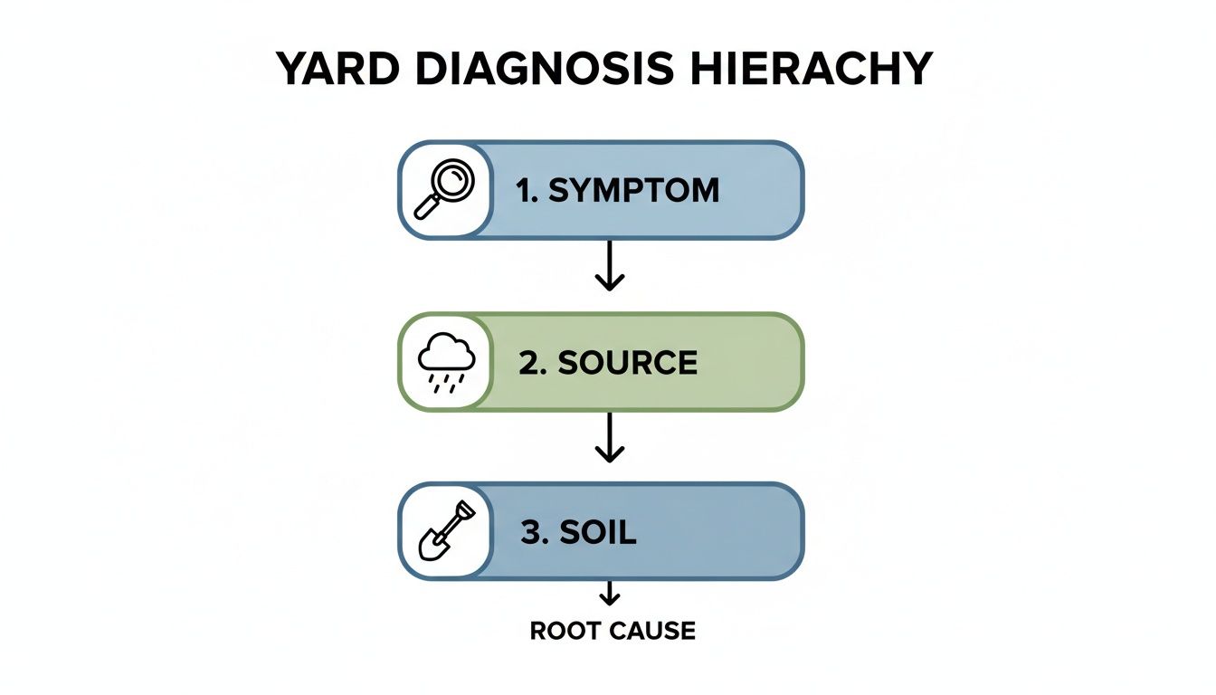 Flowchart illustrating a yard diagnosis hierarchy from symptom to source and soil to identify the root cause.