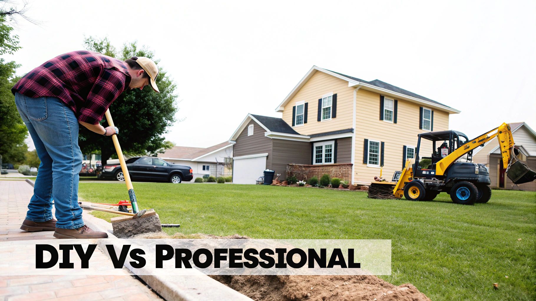 A man shoveling dirt on a lawn next to a sidewalk, while an excavator sits on the grass in front of a house, symbolizing DIY versus professional work.