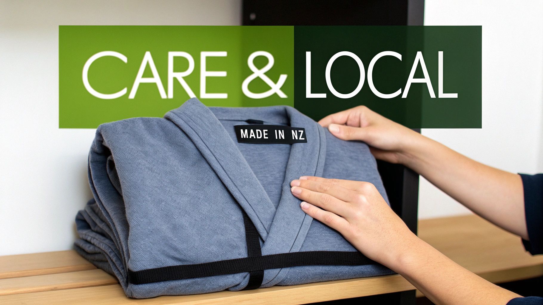 Hands folding a blue dressing gown with a 'MADE IN NZ' label, promoting 'CARE & LOCAL' values.