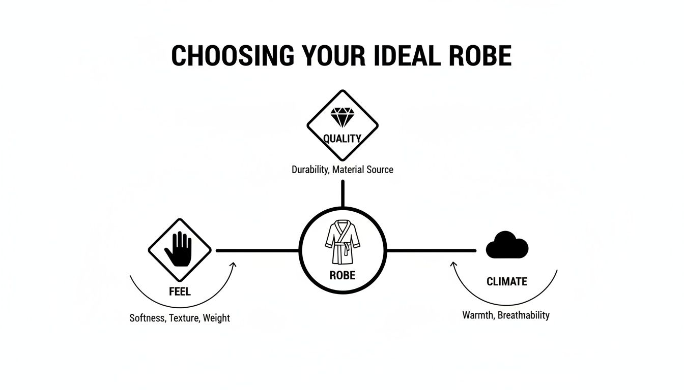 Diagram illustrating key factors for choosing an ideal robe: quality, feel, and climate.