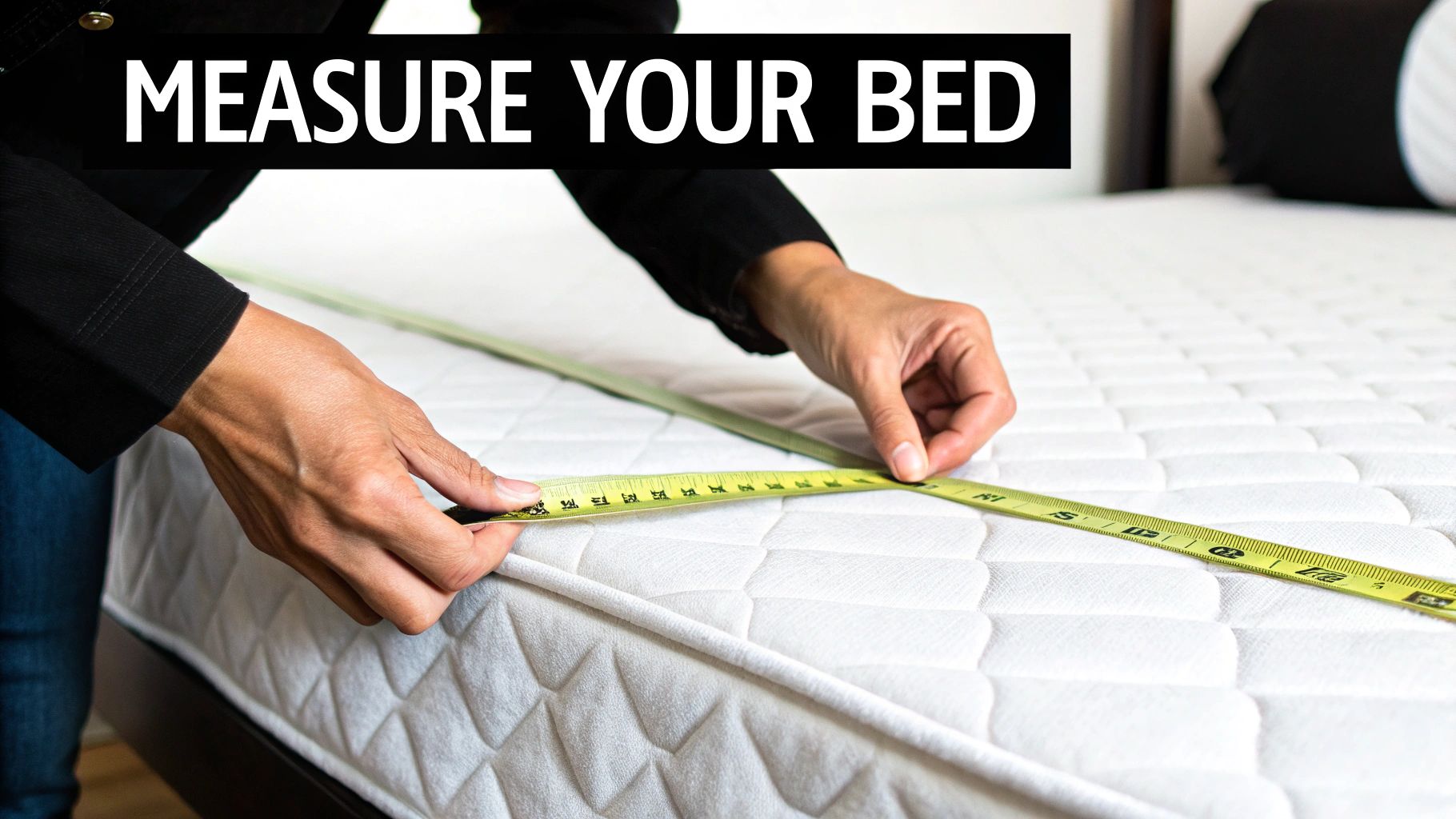 A person uses a yellow tape measure to accurately measure the length of a white bed mattress.