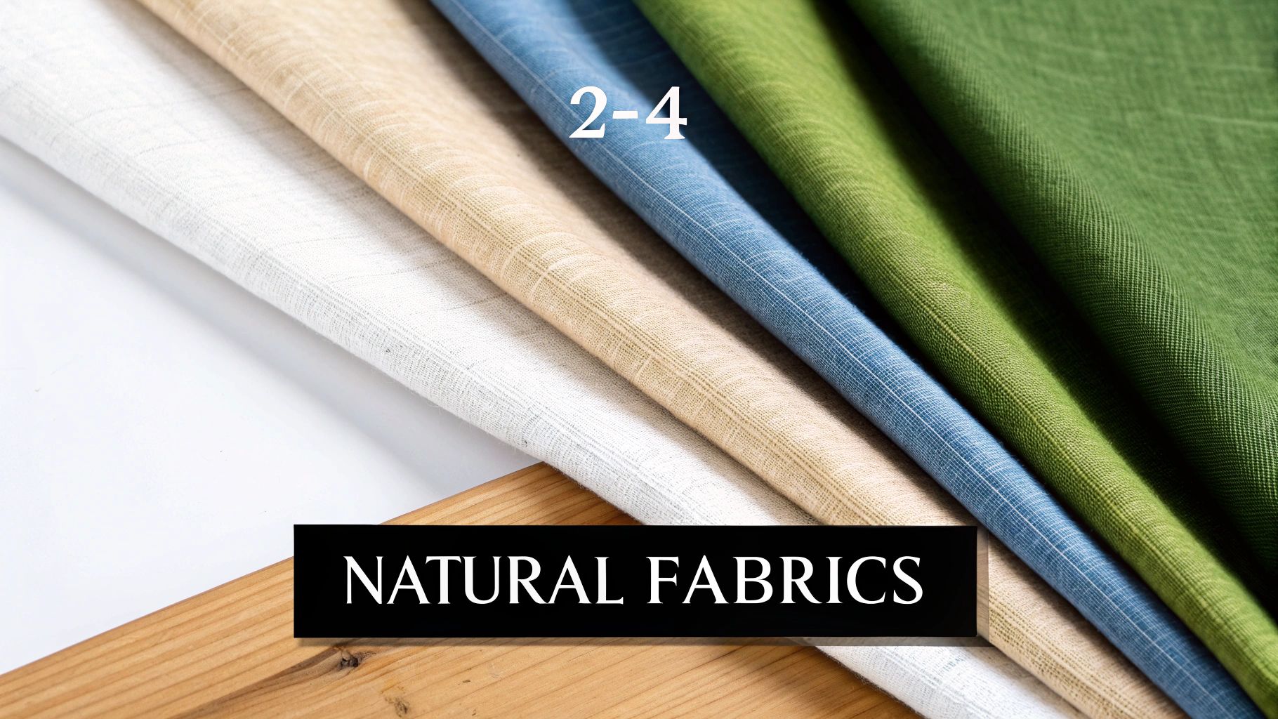 Natural fabric samples in white beige blue and green colors displayed on wooden surface