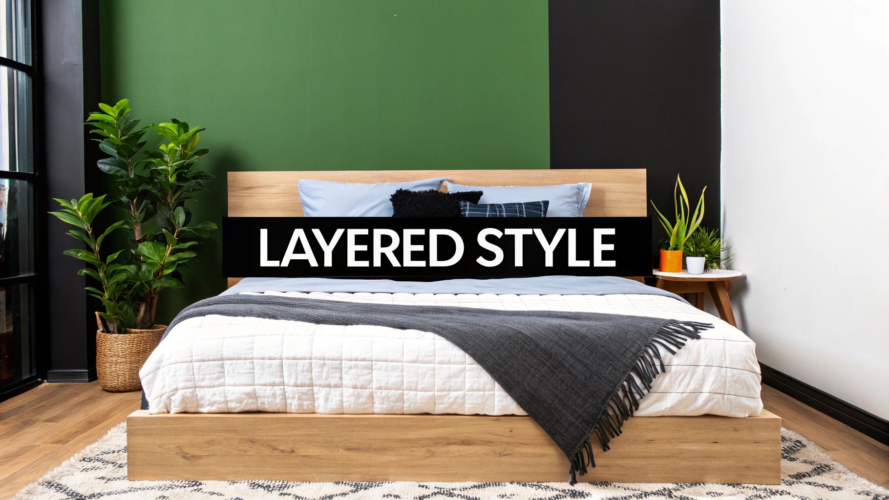 A stylish bedroom features a wooden super king bed with layered light blue and white bedding, a grey throw, and plants.
