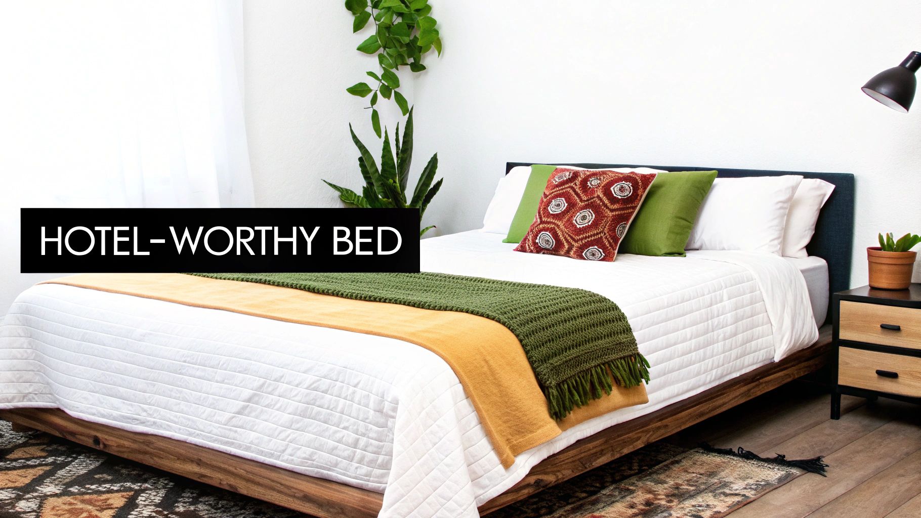 Modern hotel-worthy bedroom featuring white quilted mattress with green and yellow throws on wooden platform bed