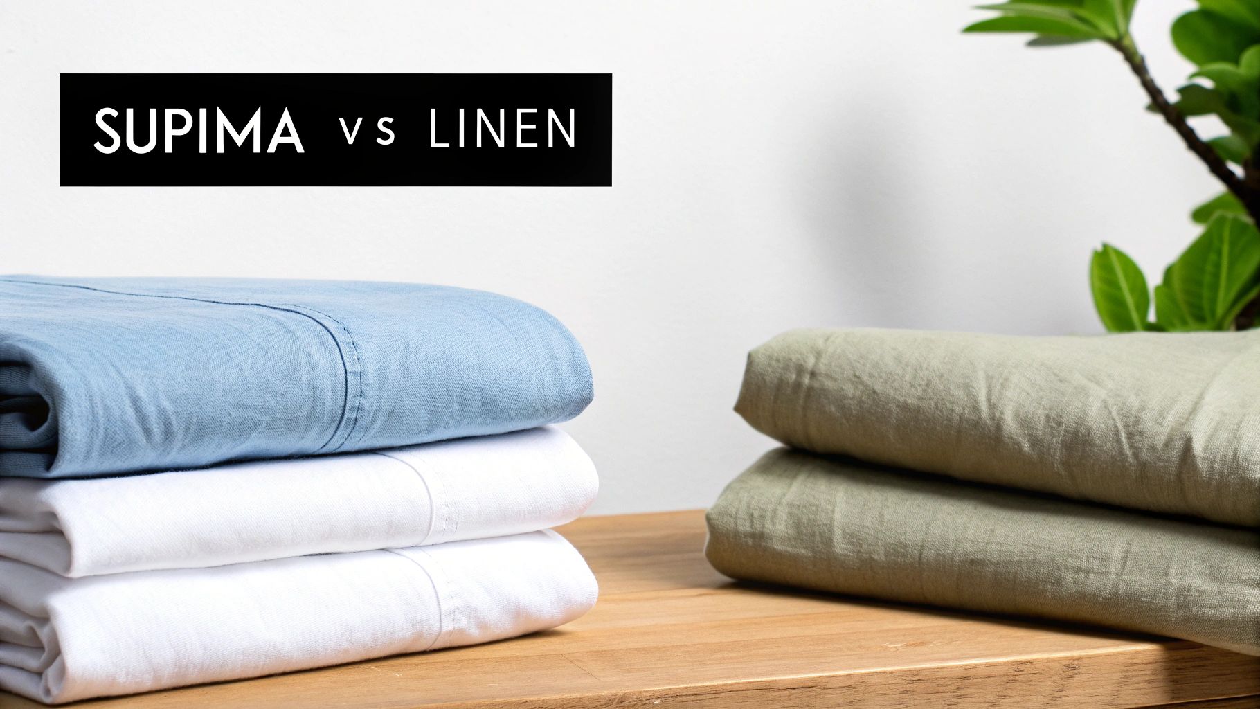 Stacks of folded Supima cotton and linen bed sheets in blue, white, and green colors.