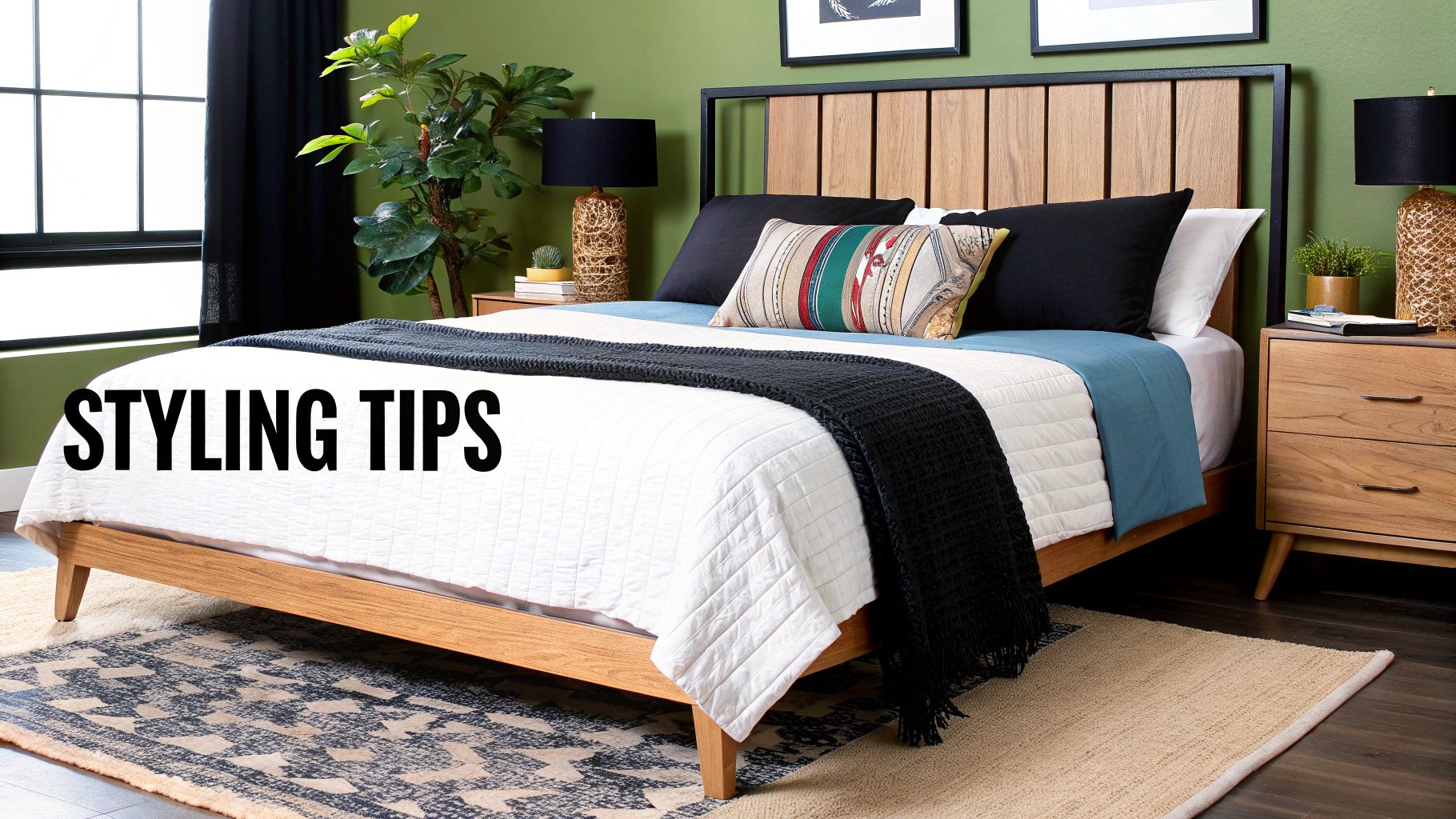 A beautifully styled bed with a textured queen size duvet cover, decorative pillows, and a throw blanket.