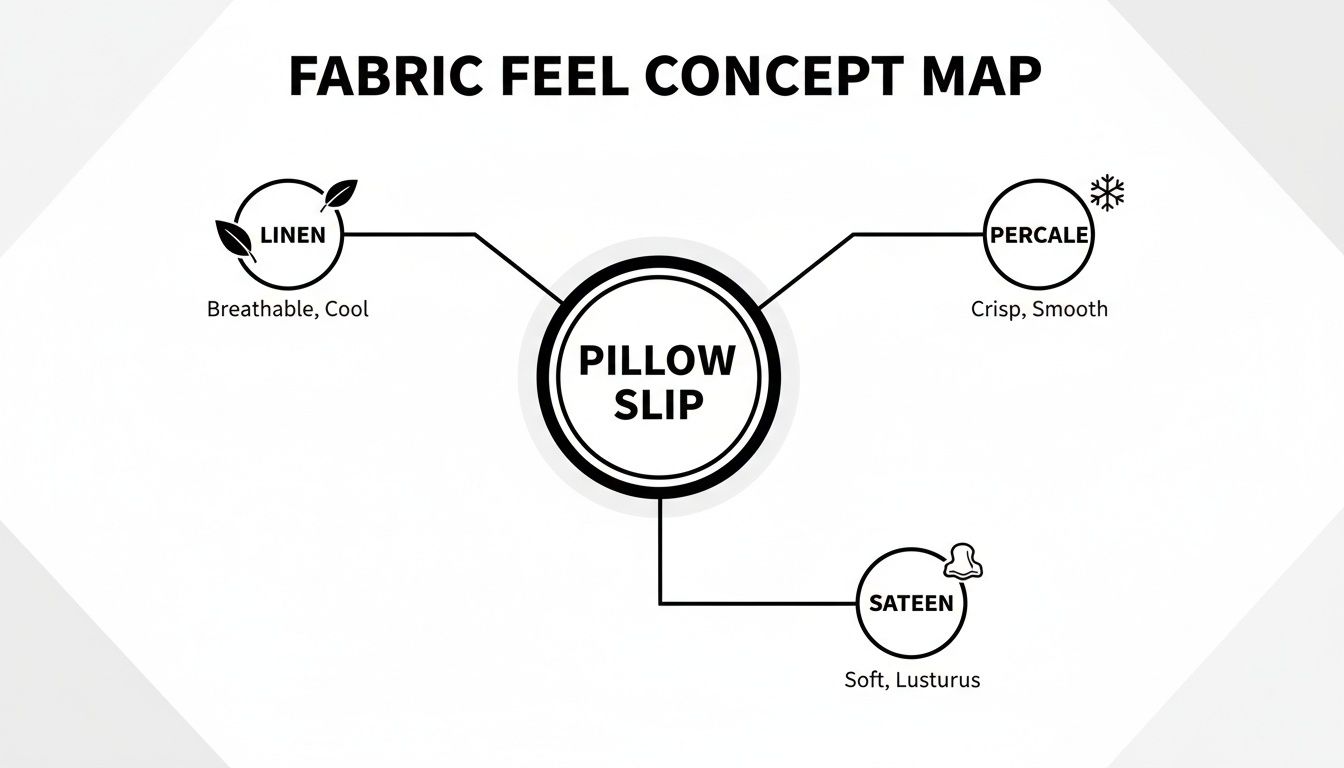 A concept map showing fabric feels for pillow slips: Linen (breathable, cool), Percale (crisp, smooth), and Sateen (soft, lustrous).