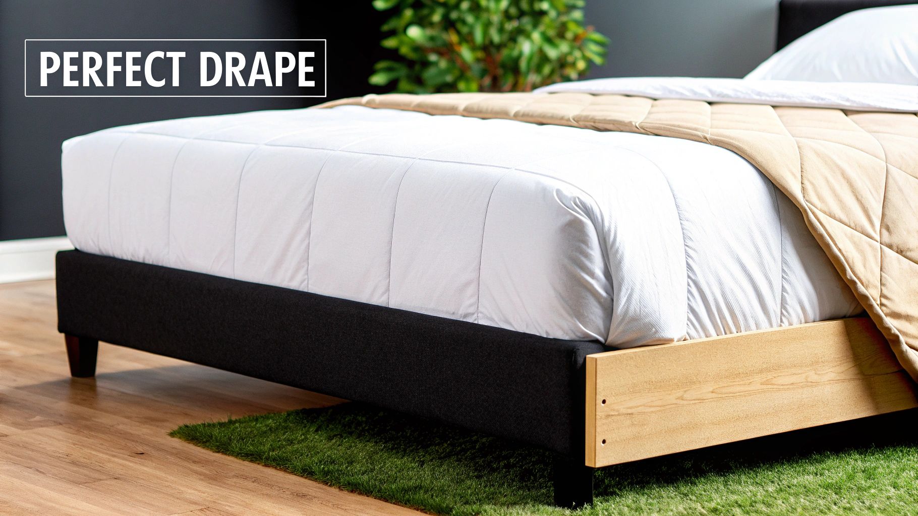 A neatly made bed featuring white bedding and a beige comforter with perfect drape.