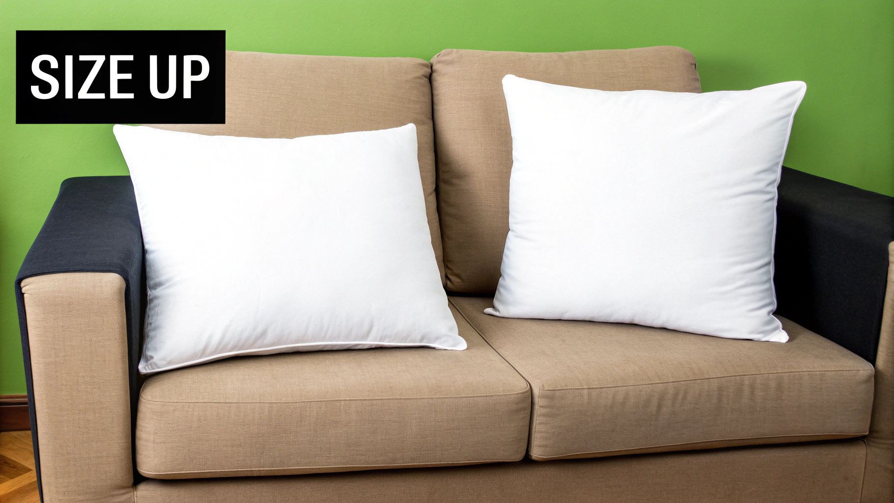 Two plain white cushions sitting on a light brown sofa against a vibrant green wall, with a 'SIZE UP' label.