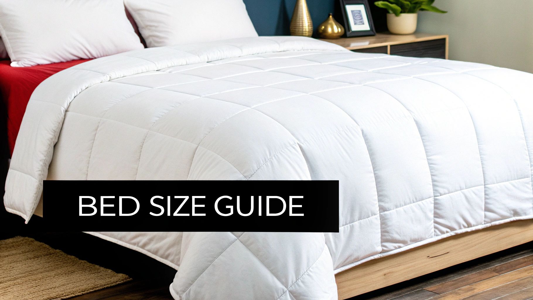 A neatly made bed with a white duvet, red sheets, and pillows, with a 'BED SIZE GUIDE' text overlay.
