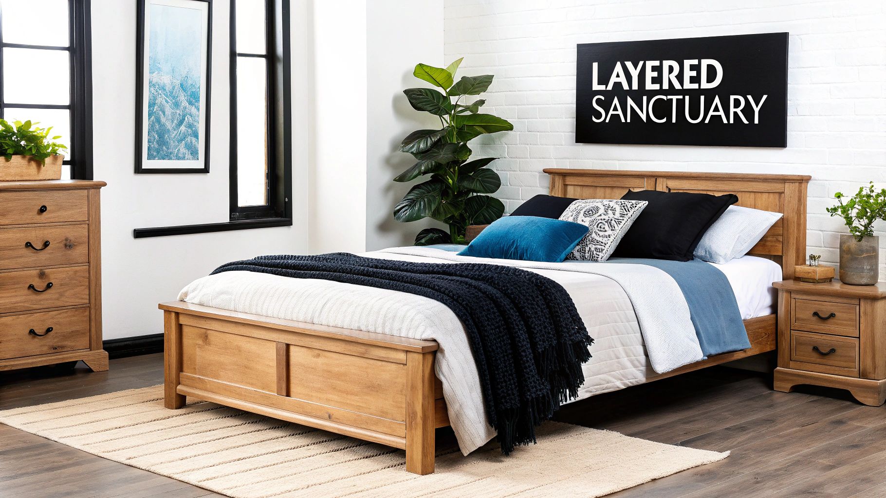 A cozy bedroom featuring a wooden bed with white and blue bedding, a dresser, and a plant.