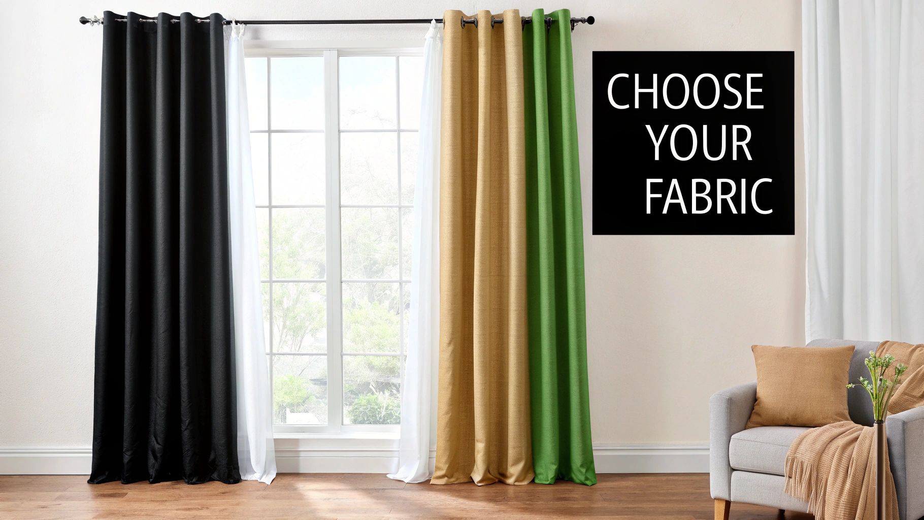 Three different colored curtains: black, tan, and green, hanging over a window with a 'CHOOSE YOUR FABRIC' sign.
