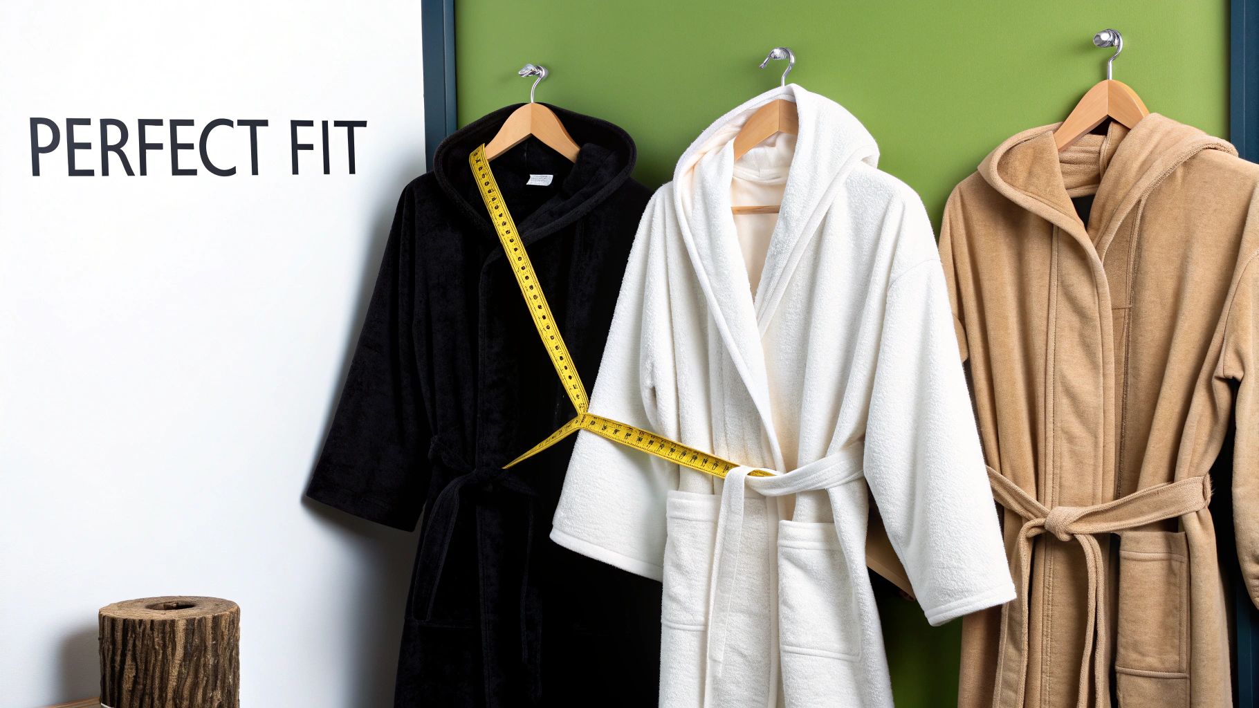 Three hooded bathrobes in black, white, and tan, hanging on a wall with a measuring tape, promoting a perfect fit.