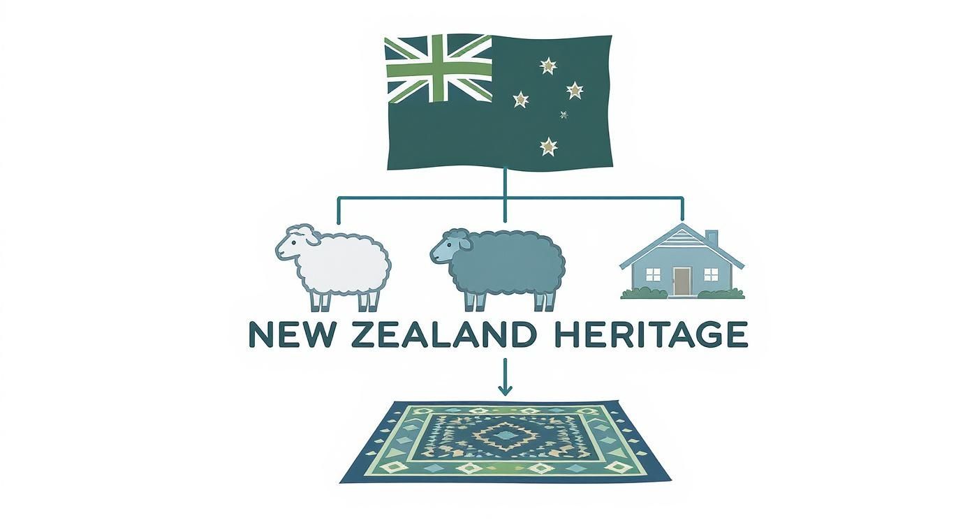 Infographic illustrates New Zealand flag, sheep, and house connecting to a patterned rug, symbolizing heritage.