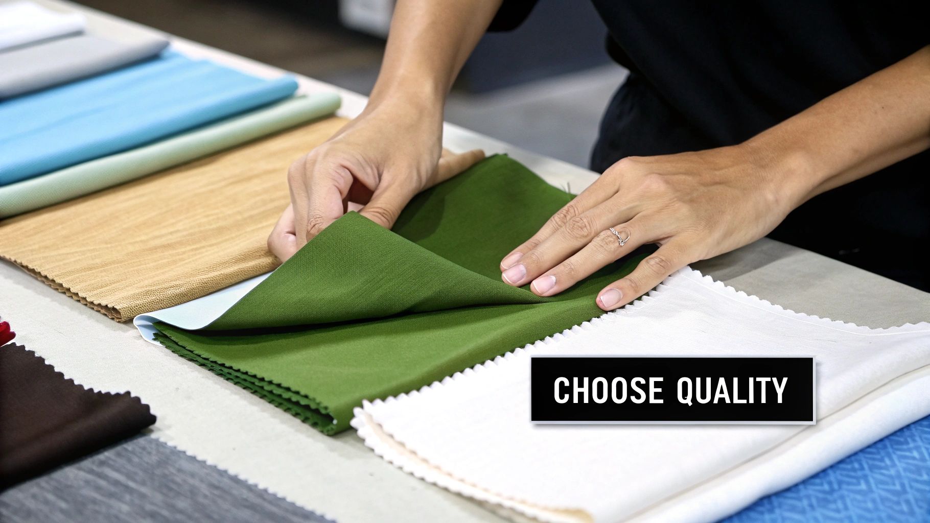 A person's hand feeling the soft texture of a neatly folded stack of bamboo sheets in various neutral colours